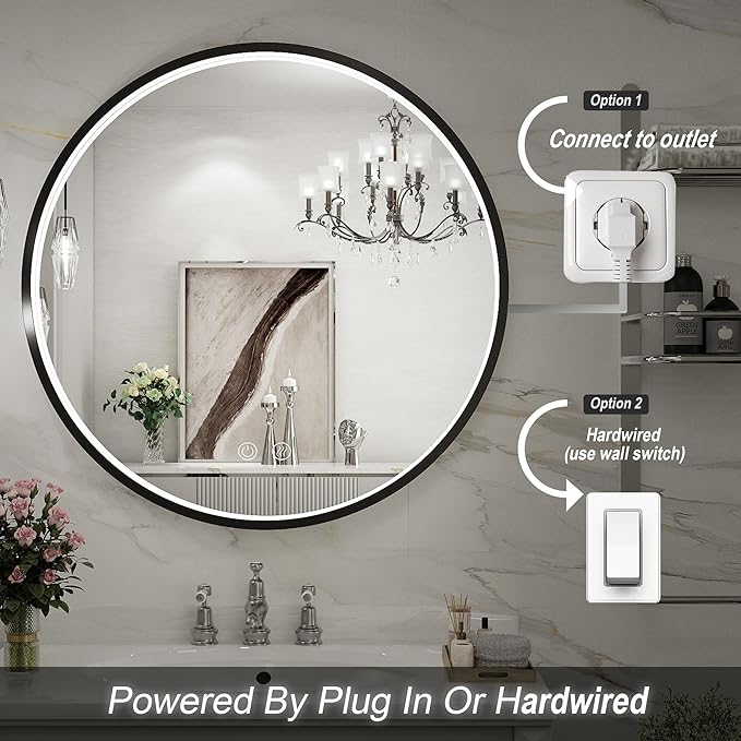 24" Round LED Bathroom Mirror, Dimmable Anti-Fog Vanity Mirror with Touch Control, 6000K Natural Light, Black Metal Frame, Wall Mounted for Makeup Shaving (IP54, 90+ CRI)