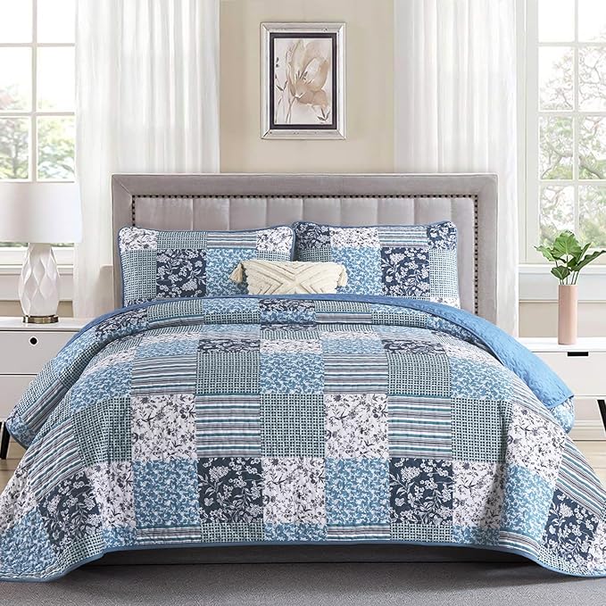 Mybedsoul Navy Blue Quilt Set Queen Size, 3 Pieces Plaid Floral Bedspread Set Patchwork Reversible Bedding Set Microfiber Lightweight Bedspread Coverlet Set for All Season 96"x90"