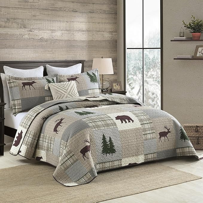 Uniclinens Quilt Set Queen Size, Cotton Quilted Quilt Bedding Set Bedspread, Bear Tree Elk Farmhouse Rustic Quilt, Patchwork Plaid Comforter Set, 3 Pieces Set with 2 Pillowshams, Brown/Grey/Green