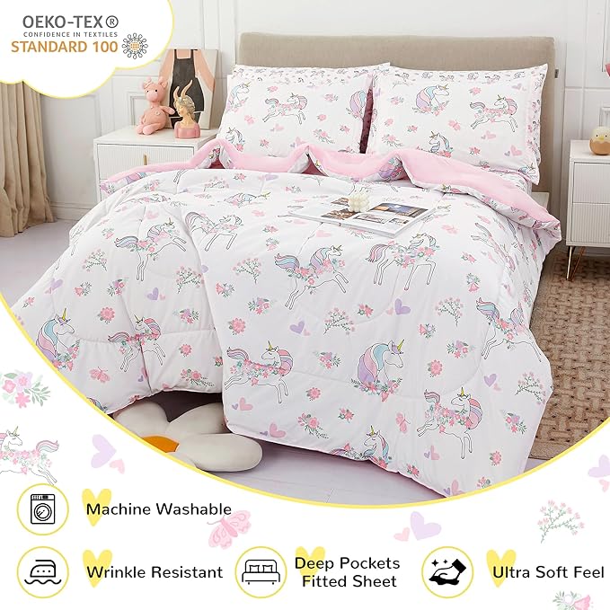 Viviland Kids Twin Bedding Sets for Girls, Soft Twin Comforter Set with Sheets, 5 Pieces Microfiber Bed in a Bag, White Unicorn