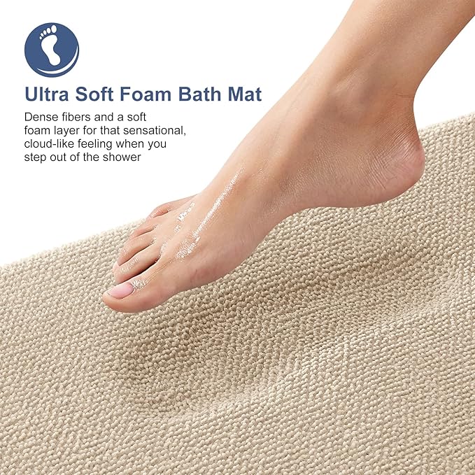 OLANLY Thick Memory Foam Bath Mat Rug 47x20, Extra Soft Absorbent Bathroom Rug, Quick Dry Bath Mats, Non-Slip, Machine Washable Carpet for Bathroom, Tub and Shower, Home Decor Accessories, Beige