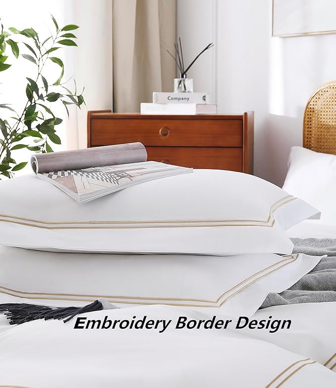 100% Cotton Duvet Cover Set Soft Comfortable with Embroidery Design 3 Pcs Home Sateen Weave Bedding Set (White&Gold, King)
