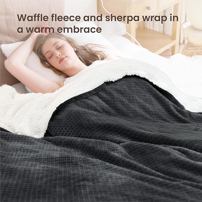 Heated Blanket Electric Blanket Full Waffle,72x84 Inches Sherpa Fleece Fast Heating Blanket 6 Heating Levels & 10 Hours Auto Off ETL Certification,Charcoal Grey Full
