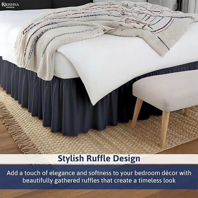 KRISHNA Ruffled Bed Skirt with Split Corners King, 100% Microfiber Hotel Quality, 21 Inch Drop Dust Ruffle Gathered Bedskirt with Platform, 78" x 80", Dark Grey