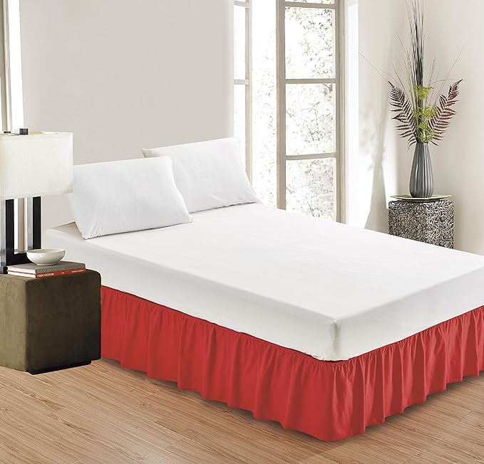 Sheets & Beyond Wrap Around Solid Microfiber Luxury Hotel Quality Fabric Bedroom Gathered Ruffled Bedding Bed Skirt 14 Inch Drop (Twin, Red)