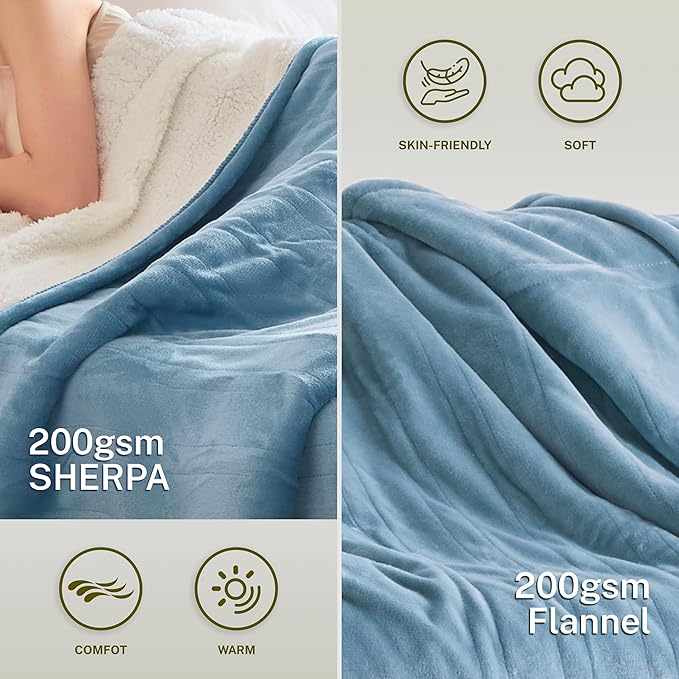 Heat Blanket 84”x90” Queen Size-Dual Control，Soft Flannel & Sherpa Electric Blanket with 10 Heat Settings,12 Timer Setting and 8 Hours Auto-Off,ETL Certified Machine Washable,Light Blue