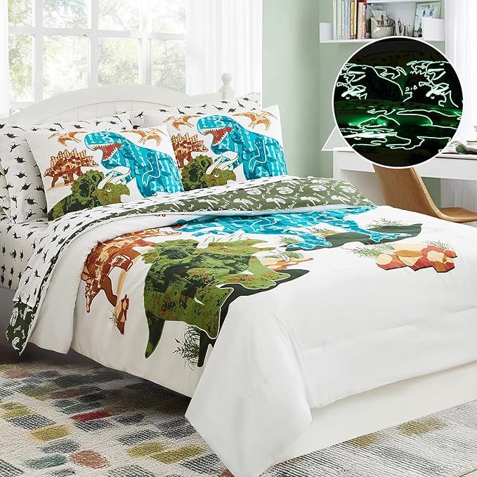 Full Size Comforter Set for Boys-7 Pieces Dinosaur Glow in The Dark Full Bedding Sets for Kids, Ultra Soft Bed in A Bag with Sheets