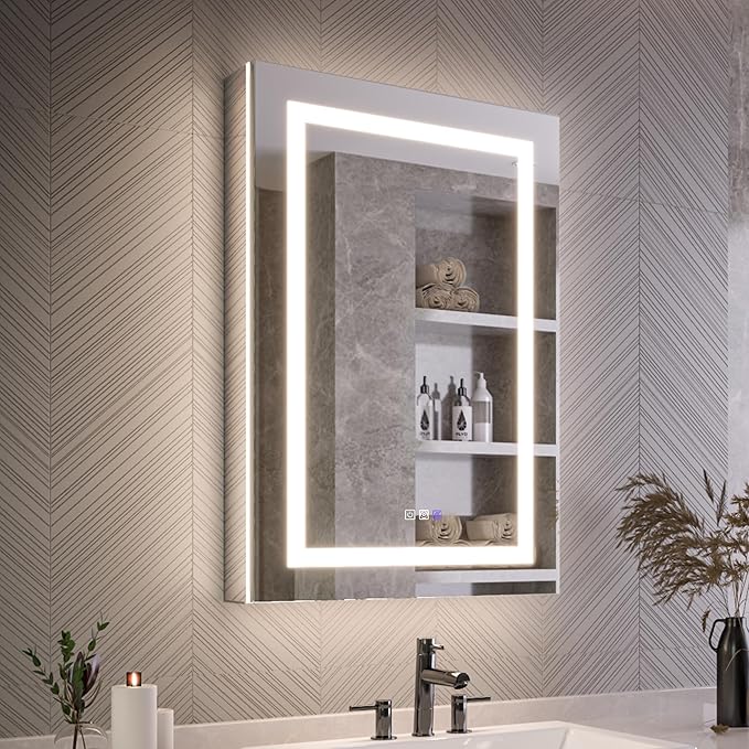 Lighted Medicine Cabinet with Mirror 24"x36" Recessed LED Medicine Cabinet Mirror, Front&Backlit, Anti-Fog, Stepless Dimming, 3-Color Temperatures, Magnifier, 2 Outlets, Storage Shelves, Left Hinge