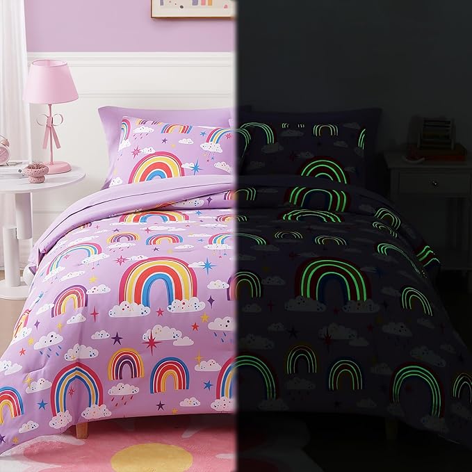 Full Size Comforter Set for Girls-7 Pieces Purple Rainbow Glow in The Dark Full Bedding Sets for Kids, Ultra Soft Bed in A Bag with Sheets
