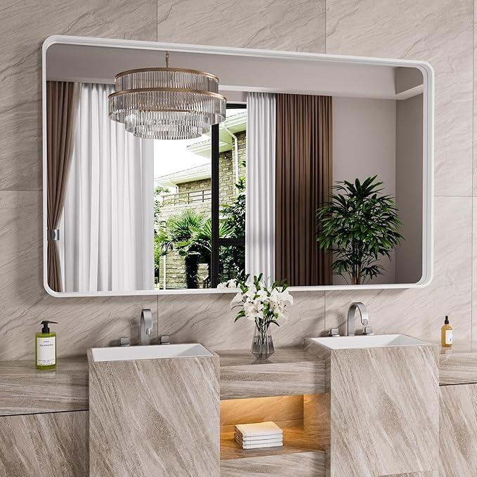 White Bathroom Mirror 60x28 Inch, White Metal Framed Bathroom Mirror for Wall, Rounded Rectangle Matte Bathroom Vanity Mirror, Tempered Glass, Anti-Rust, Horizontal/Vertical