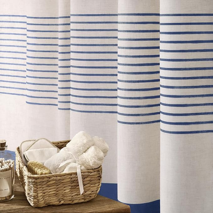 Awellife Blue Shower Curtain for Bathroom Linen Texture Stripe Tassel Shower Curtain 72 X 78 Inches Boho Neutral