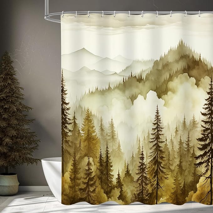Yellow Misty Pine Forest Shower Curtain, Mountain Foggy Woodland Scenery Tree Shower Curtains for Chic Rustic Bathroom, Abstract Modern Waterproof Nature-Themed Decor, 72x72 Inches