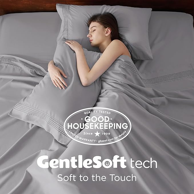 Bedsure Deep Pocket California King Sheet Sets - Fits Mattresses Up to 21 Inches Thick - 4 Piece Bed Sheets, Moisture Wicking, Soft & Cooling Bedsheet & Pillowcases, Easy & Secure Fit, Light Grey