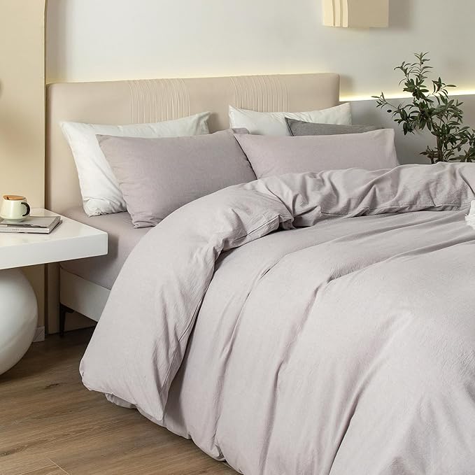 JIYUAN 100% Washed Cotton Duvet Cover Set 3 Pieces Super King, 1 Duvet Cover 108x98 Inches(Comforter Not Included) and 2 Pillowcases,Linen Feel Bedding Set Comfy and Breathable, Heathered Linen