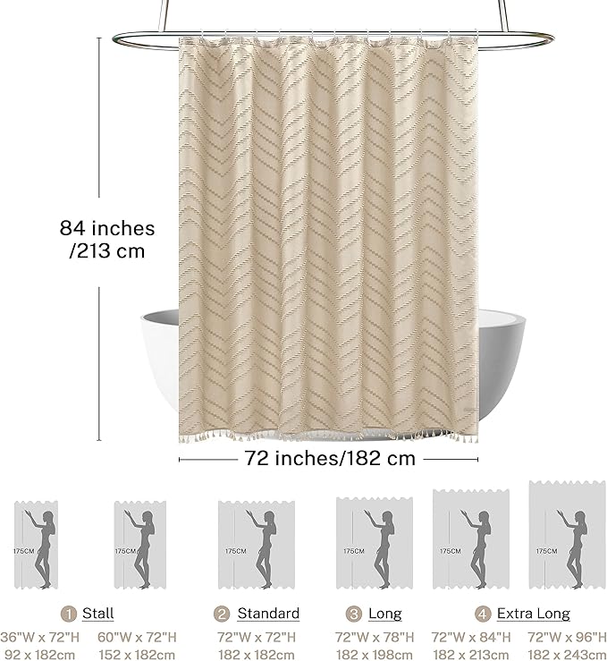 Extra Long Boho Shower Curtain, Woven Fabric 84 in Beige Shower Curtain, 72 x 84, Tufted Chevron Striped Modern Chic Textured Minimalist Bathroom