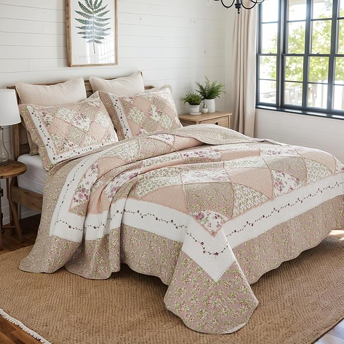 Brandream Queen Size Quilt Set Cotton Patchwork Quilts Blush Pink Country Floral Bedding Patchwork Quilted Comforter Set 3-Piece
