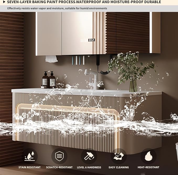 28” Bathroom Vanity Set, Floating Bathroom Vanities with Single Sink, Smart Defog Mirror Cabinet and LED Strip Light, Oak Wood Elegant Bathroom Cabinet with Storage Space (Milk Coffee)