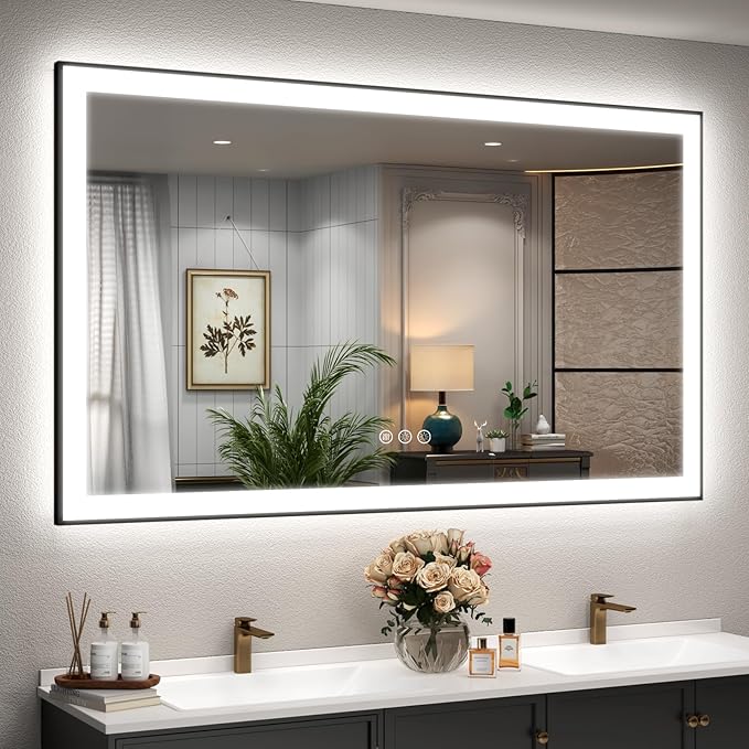 SMIROR 55x30 LED Bathroom Mirror with Black Frame Wall Mounted, Illuminated Vanity Mirrors with Lights, Dimmable, Anti-Fog, Memory, Shatterproof, ETL Listed (Front Lighted and Backlit)