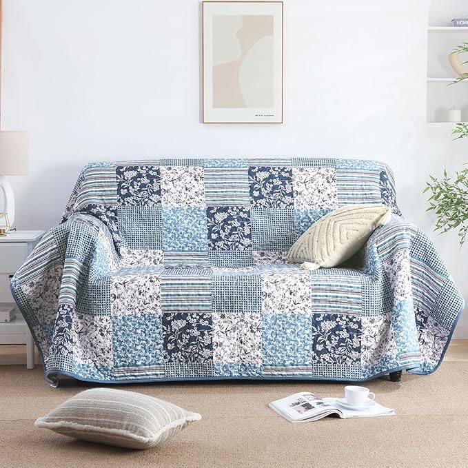 Mybedsoul Navy Blue Quilt Set King Size, 3 Pieces Plaid Floral Bedspread Set Patchwork Reversible Bedding Set Microfiber Lightweight Bedspread Coverlet Set for All Season 110"x90"