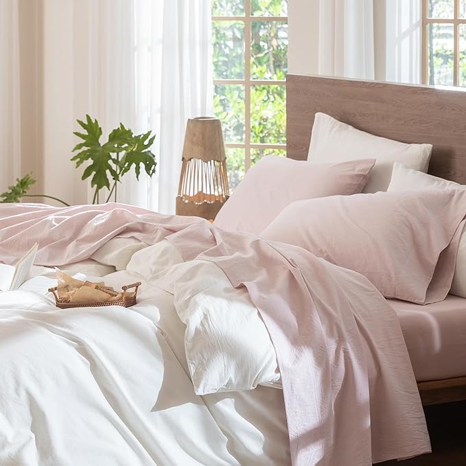 MooMee Bedding Sheet Set 100% Washed Cotton Linen Like Textured Breathable Durable Soft Comfy (Heathered Greyish Pink, California King)