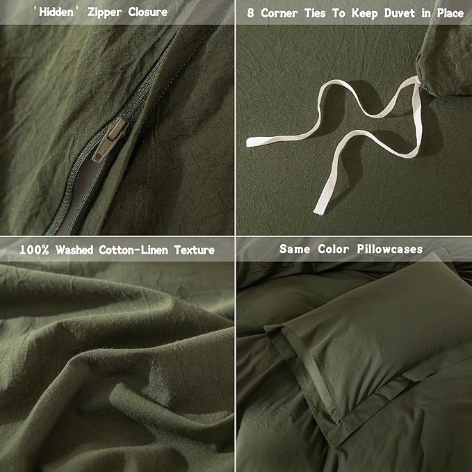Linen Feel Duvet Cover Oversized King Size 120inch x 98inch,100% Washed Cotton Duvet Cover with Zipper Closure and 2 Pillowcases, Color of Olive Green