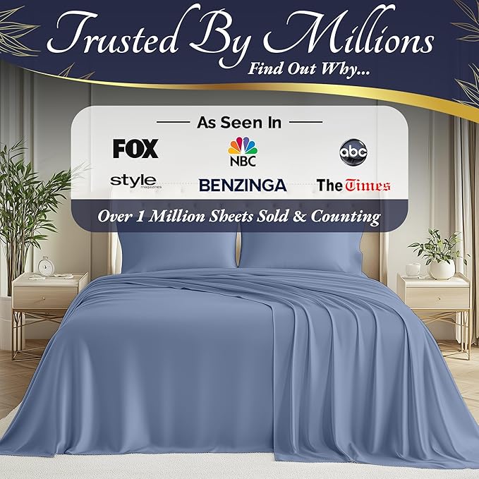 DECOLURE 100% Viscose Derived from Bamboo Sheets King Size 4pcs - Ultra Soft & Luxuriously Cooling, 17" Deep Pocket, Double Stitching, Perfect for Hot Sleepers - King Bed Sheets (Light Blue)