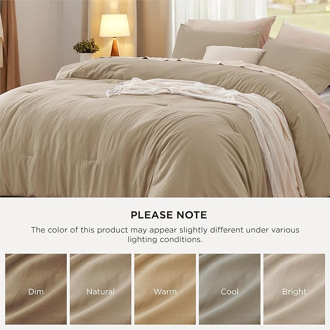 Bedsure Queen Size Comforter Set, Khaki Soft Prewashed Bedding for All Seasons, 3 Pieces GentleSoft™ Warm Down Alternative Bed Set, 1 Lightweight Comforter (90"x90") and 2 Pillowcases (20"x26")
