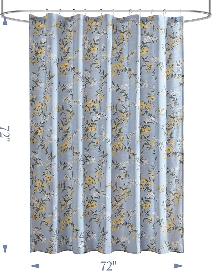 Martha Stewart Meadow Floral Shower Curtain, Cotton-Rich Slub Texture, Timeless Garden Design, Classic to Modern Farmhouse Bathroom Decor, Machine Washable 72"x72", Blue