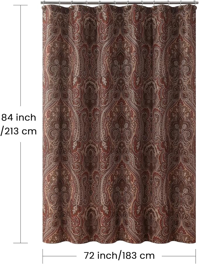 Extra Long Fabric Shower Curtain, Reddish Brown Damask Paisley Print Shower Curtains for Bathroom, 72" W x 84" H