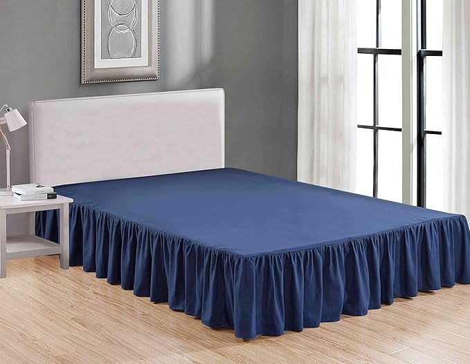 Sheets & Beyond Wrap Around Solid Microfiber Luxury Hotel Quality Fabric Bedroom Gathered Ruffled Bedding Bed Skirt 14 Inch Drop (Queen, Navy)