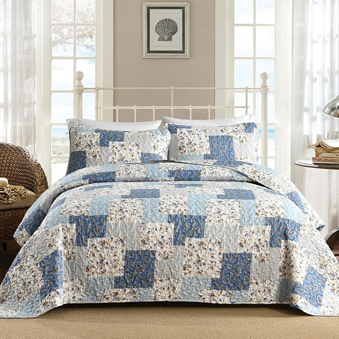 Mybedsoul Light Blue Quilt Set Queen Size, 3 Pieces Boho Plaid Floral Bedspread Set Microfiber Lightweight Bohemian Bedding Bedspread Coverlet Set for All Season 90"x96"
