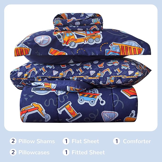 Viviland Kids Full Bedding Sets for Boys, Soft Full Comforter Set with Sheets, 7 Pieces Microfiber Bed in a Bag, Navy Blue Tractor