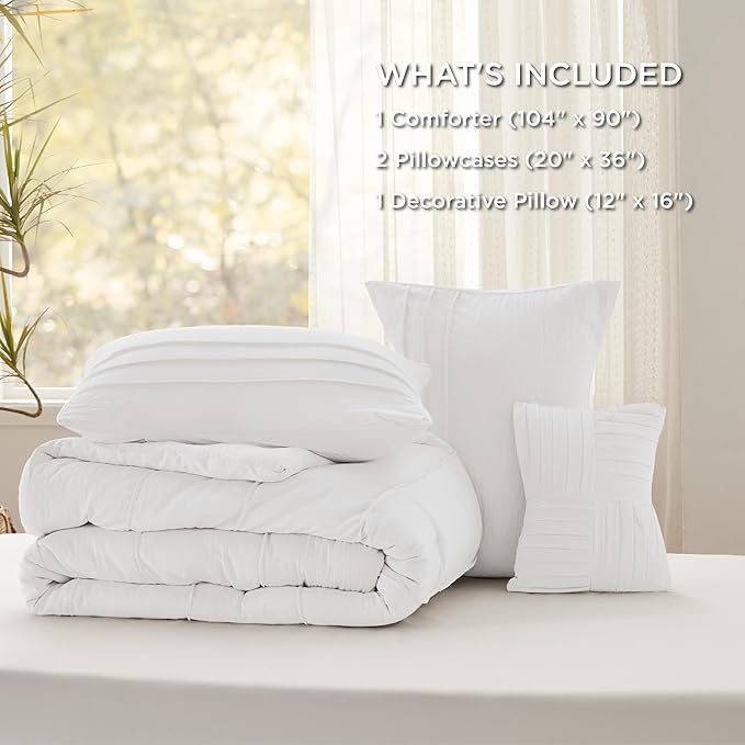 Bedsure King Comforter Set - 4 Pieces Pinch Pleat Bed Set, White Boho Bedding for All Season, 1 Soft Comforter, 2 Pillowcases, 1 Decorative Pillow