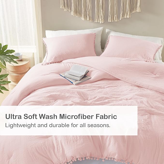 Codi Blush Twin Comforter Set for Girls - Boho Aesthetic Pom Fringe Design Cute Bedding, Soft Washed Microfiber Blush Bed Sets, Lightweight Chic,1 Comforter & 1 Pillowcase