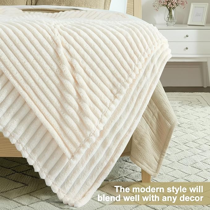 decorUhome Christmas Soft Fleece Cream White Blanket King Size for Bed, Cozy Fluffy Plush Flannel Large Striped Throws for Couch Sofa, Lightweight Decorative Fuzzy Blanket for Woman, 108x90 Inches