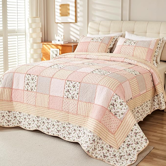 Cmfshape Floral Quilt Sets Bedspread Set 100% Cotton Patchwork Bedding Set, All Season Use Lightweight Reversible Coverlet Quilts with 2 Pillow Shams(Queen 92"x96")
