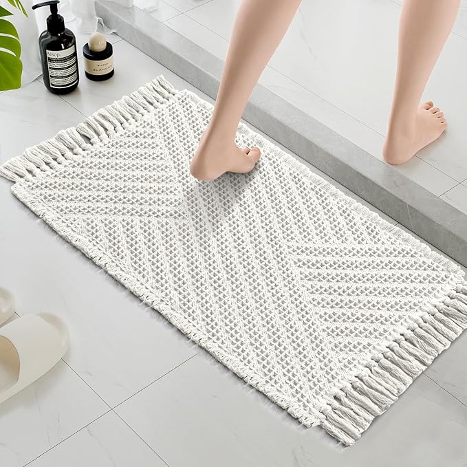 H.VERSAILTEX Waffle Bath Mat Super Absorbent Boho Bath Mat Non Slip Bath Rugs for Bathroom Floor Machine Washable Dry Fast Bathroom Rugs with Tassels, 17" x 24", Ivory White