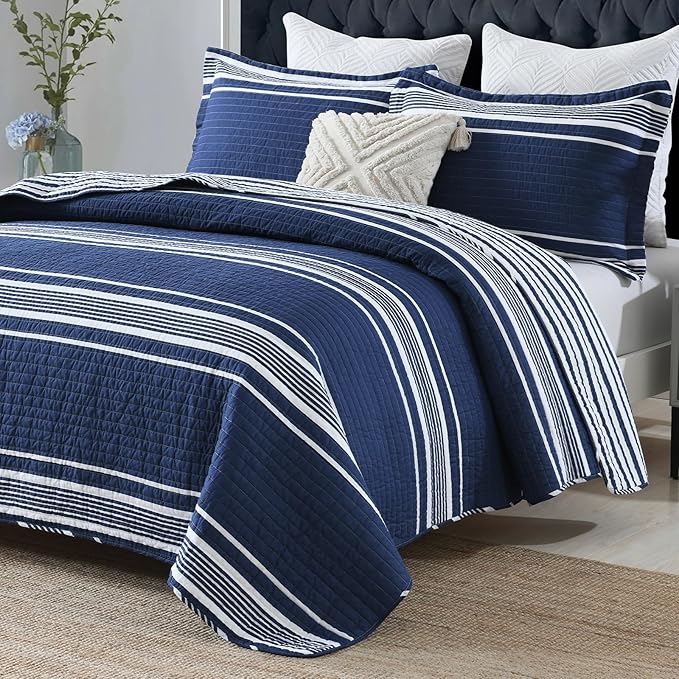 Striped Queen Size Quilt - 100% Cotton Navy Blue White Striped Modern Boys Men Unisex Quilt Bedspread for Queen Bed, Lightweight Reversible Quilted Bedding Set with 2 Pillow Shams, All Season