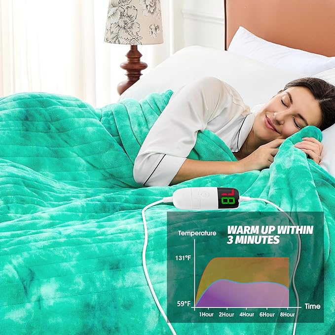 greenoak Heated Electric Blanket Throw, Faux Fur Sherpa Heating Blanket for Sofa Bed, Warm Winter Gifts for Women/Her, Heater Lap Blankets 5-Position Timer &10 Heating Levels 84''*90" Aqua