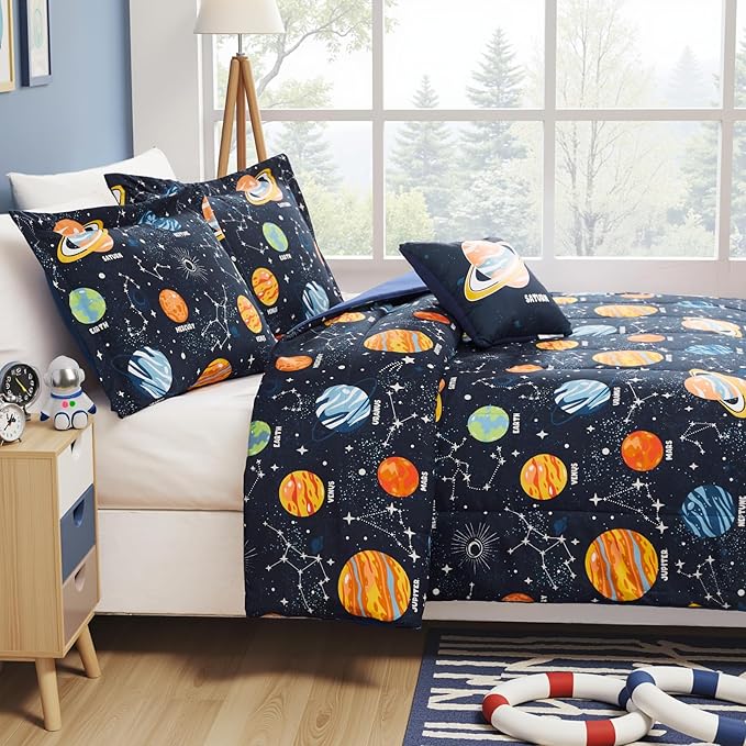 Twin Comforter Set for Boys - 3 Pieces Space Twin XL Bedding Set with 1 Comforter, 1 Decor Pillow, 1 Pillow Sham
