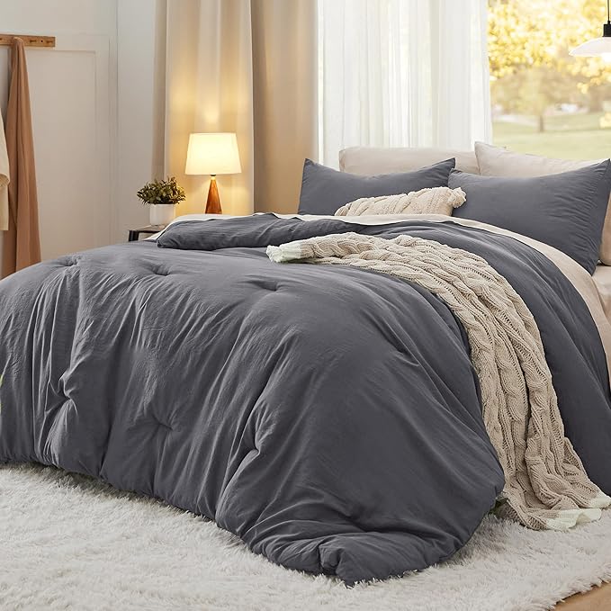 Bedsure Full Size Comforter Set, Dark Grey Soft Prewashed Bedding for All Seasons, 3 Pieces GentleSoft™ Warm Down Alternative Bed Set, 1 Lightweight Comforter (82"x86") and 2 Pillowcases (20"x26")