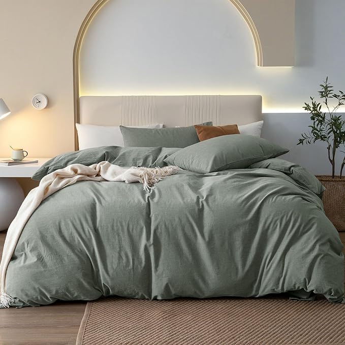 JIYUAN 100% Washed Cotton Duvet Cover Set 3 Pieces Super Queen, 1 Duvet Cover 90x98 Inches(Comforter Not Included) and 2 Pillowcases,Linen Feel Bedding Set Comfy and Breathable, Heathered Green