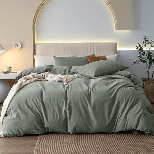 JIYUAN 100% Washed Cotton Duvet Cover Set 3 Pieces Oversized Queen, 1 Duvet Cover 98x98 Inches(Comforter Not Included) and 2 Pillowcases,Linen Feel Bedding Set Comfy and Breathable, Heathered Green