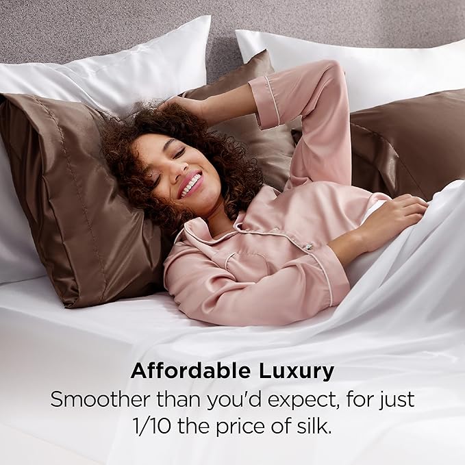 Bedsure Satin Pillowcase 2 Pack Similar to Silk Pillow Cases Standard Size, Pillow Case for Sleeping Women with Envelope Closure, Gifts for Women Men, Brown, 20x26 Inches, 2pcs