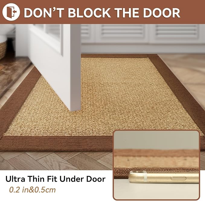 Bath Mat Bathroom Rugs Non Slip Washable, Soft Jute-Like Ultra Thin Bath Mats, Rubber Backing Super Absorbent Quick Dry Thin Bath Rug Shower Mat Fit Under Door Bathroom Tub Floor, Brown 20"x32"