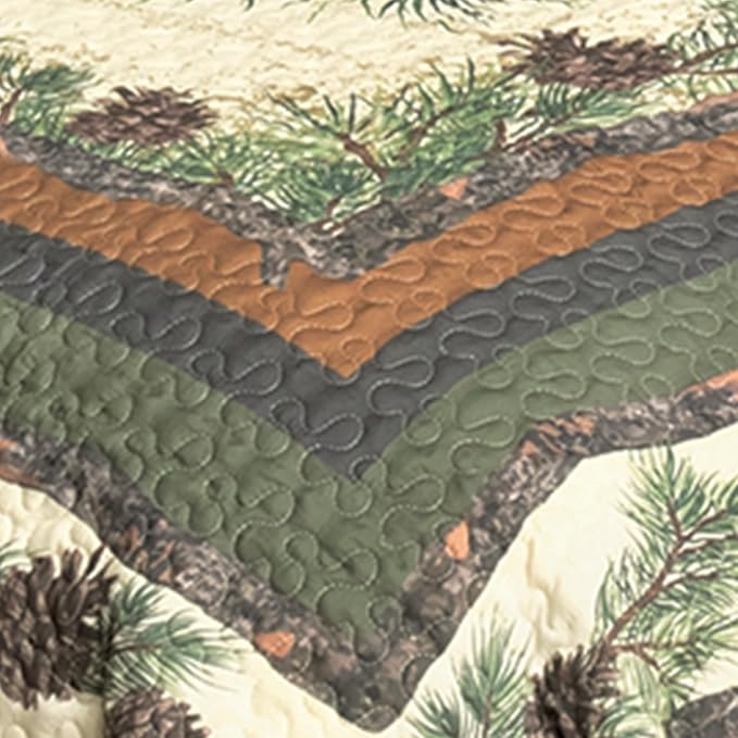 BLACK FOREST DECOR Woodland Pinecones Quilt Bed Set - Queen, Rustic Lodge Pinecone Bedding - 90" x 90"
