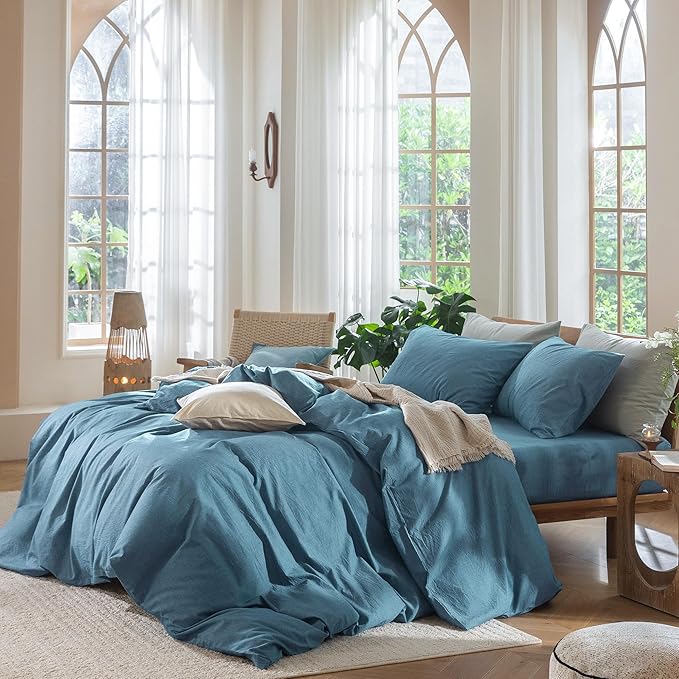 MooMee Bedding Duvet Cover Set 100% Washed Cotton Linen Like Textured Breathable Durable Soft Comfy (Heathered Peacock Blue, Cal King 104"x98")