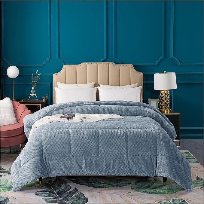 KASENTEX Super Ultra Soft Luxury Plush Sherpa Comforter, Cozy Reversible Faux Fur Machine Washable Bedding, Grey Blue, Queen Size