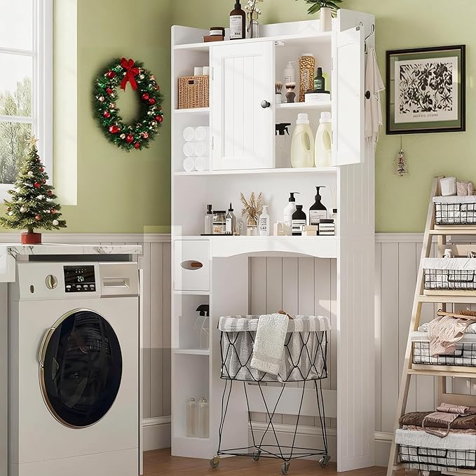Gizoon Over The Toilet Storage Cabinet, 66''H Over Toilet Bathroom Organizer, Over Toilet Storage Cabinet with 2 Doors, Paper Holder and Racks, Adjustable Shelf, for Bathroom, Laundry, White
