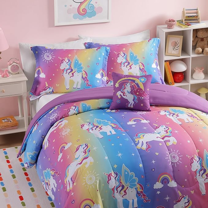 Twin Comforter Set for Girls-3 Pieces Rainbow Unicorn Twin Bedding Sets for Kids,1 Comforter,1 Sham and 1 Decor Pillow
